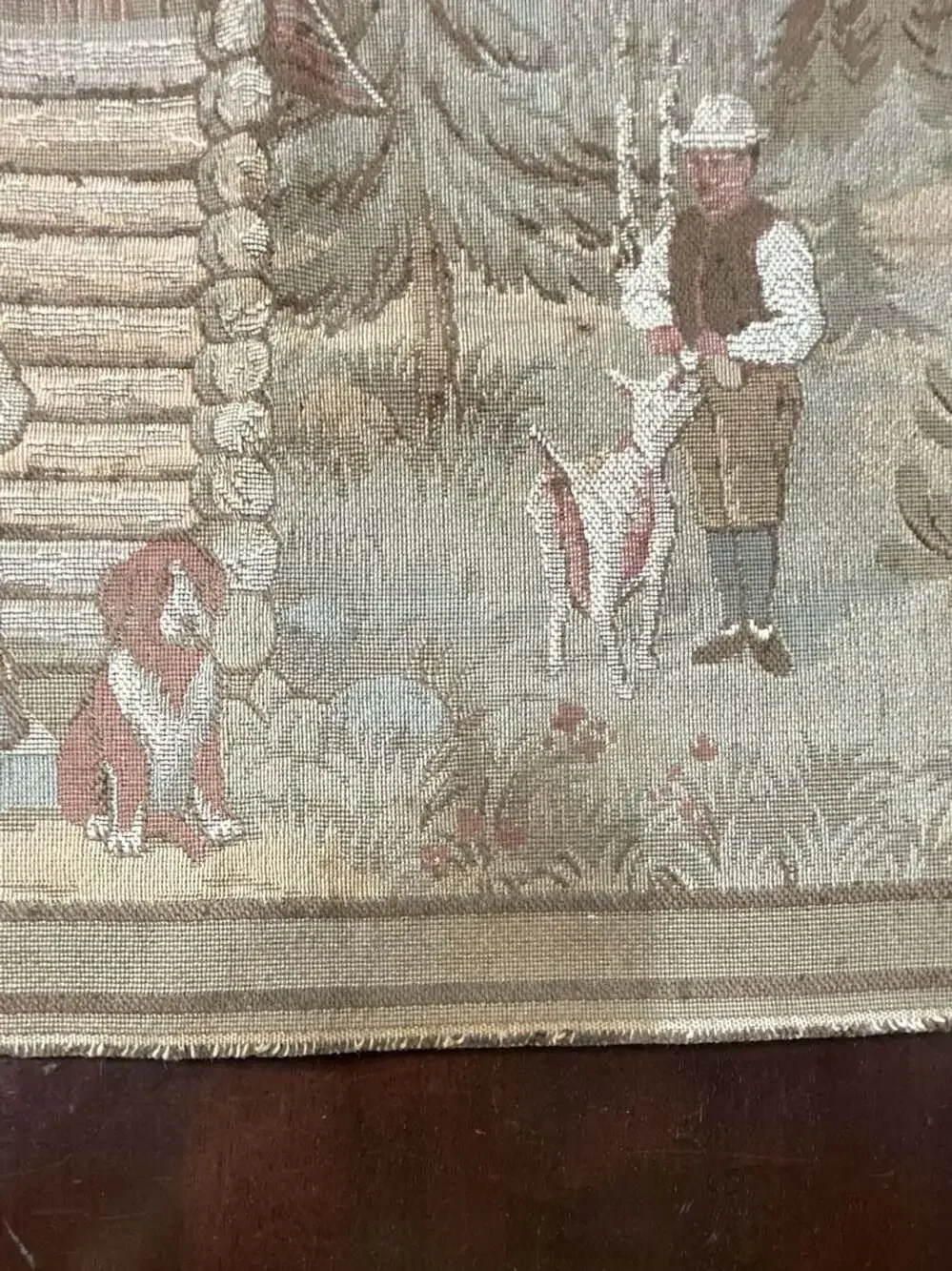 Vintage Gobelin Wall Hanging Tapestry Village Scene with Log Cabin, Dogs
